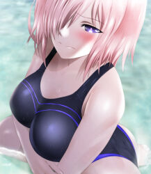  1girl adapted_costume ass bare_shoulders blush breasts bright_pupils competition_swimsuit fate/grand_order fate_(series) hair_over_one_eye large_breasts looking_at_viewer mash_kyrielight multicolored_clothes multicolored_swimsuit one-piece_swimsuit pink_hair purple_eyes short_hair solo swimsuit two-tone_swimsuit yadokari_genpachirou 