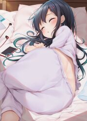  1girl ass ass_focus bed bed_sheet black_hair blush cellphone closed_eyes earphones hair_between_eyes hair_ornament hairclip head_on_pillow indoors iphone long_hair long_sleeves lying minato_ojitan on_bed on_side original pajamas panties pants parted_lips phone pillow shirt sleeping smartphone solo underwear white_pajamas white_pants white_shirt 