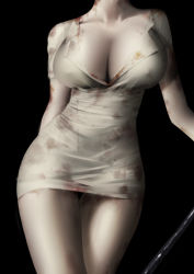 1girl absurdres an_yasuri black_background blood blood_on_clothes blouse breasts bubble_head_nurse cleavage commentary covered_erect_nipples cowboy_shot dress_shirt head_out_of_frame highres large_breasts shirt short_sleeves silent_hill silent_hill_(series) simple_background solo thigh_gap thighs upper_body white_shirt wing_collar rating:Sensitive score:53 user:danbooru