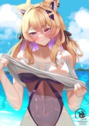  1girl absurdres ahoge animal_ear_fluff animal_ears beach blonde_hair blush breasts byte-artist cat_ears cat_girl clothes_lift day facial_mark hair_ornament highres indie_virtual_youtuber leotard leotard_under_clothes lifted_by_self long_hair looking_at_viewer medium_breasts outdoors red_eyes shirt shirt_lift shyrei_faolan solo virtual_youtuber water wet wet_clothes whisker_markings white_shirt 