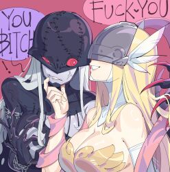  ! 2girls angel_and_devil anger_vein angewomon annoyed armor bare_shoulders black_bodysuit blonde_hair blush bodysuit breastplate breasts cleavage colored_skin covered_eyes digimon digimon_(creature) fingernails grabbing_another&#039;s_chin grey_skin hand_on_another&#039;s_chin head_wings heart helmet helmet_over_eyes highres ladydevimon large_breasts long_fingernails long_hair mask multiple_girls pink_background pink_ribbon red_eyes ribbon smile spoken_heart stitches torn_bodysuit torn_clothes wings yuri zocehuy 
