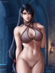  1girl absurdres black_bra black_gloves black_hair bottomless bra breasts brown_eyes eye_contact final_fantasy final_fantasy_vii final_fantasy_vii_remake flowerxl gloves hair_ornament highres hip_focus large_breasts lips long_hair looking_at_another looking_at_viewer nipples nipples_visible_through_bra pussy_visible_through_panties red_gloves shirt smile solo standing thighs tifa_lockhart toned_female underwear video_game_character white_shirt 