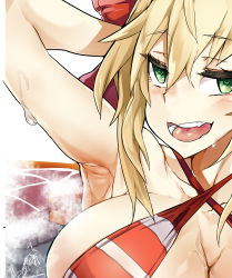 10s 1girl absurdres arm_behind_head arm_up armpits bad_id bad_pixiv_id bikini blonde_hair blush board_game breasts cleavage clip_studio_paint close-up commentary criss-cross_halter eyelashes fate/extra fate/grand_order fate_(series) go_(board_game) green_eyes halterneck head_out_of_frame highres huge_breasts looking_at_viewer nero_claudius_(fate) nero_claudius_(fate)_(all) nero_claudius_(swimsuit_caster)_(fate) open_mouth presenting_armpit smile solo steam striped_bikini striped_clothes sweat swimsuit teeth tongue wwwazxc rating:Questionable score:40 user:danbooru