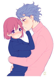  1boy 1girl arms_around_waist artist_name blue_sweater blush bob_cut breasts couple dated grey_hair hair_between_eyes hands_on_another&#039;s_face hetero highres hug krudears looking_at_another medium_breasts pink_hair pink_sweater protagonist_(tokimemo_gs3) purple_eyes red_eyes shitara_seiji short_hair sweatdrop sweater tokimeki_memorial tokimeki_memorial_girl&#039;s_side_3rd_story upper_body wavy_hair white_background 