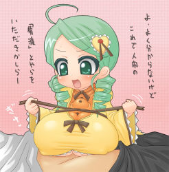 1boy 1girl alexi_(tits!) alternate_breast_size blush breasts green_eyes green_hair handsfree_paizuri huge_breasts kanaria paizuri paizuri_under_clothes penis penis_under_another&#039;s_clothes translated rating:Explicit score:47 user:Juni221