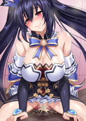  1girl bare_shoulders black_hair blush breasts censored clothed_female_nude_male clothed_sex cowgirl_position cum cum_in_pussy dark-skinned_male dark_skin hetero highres interracial neptune_(series) noire_(neptunia) nude nyamota red_eyes ribbon sex smile straddling sweat tagme twintails vaginal  rating:Explicit score:46 user:Incognito_Doom