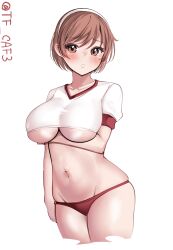  1girl arm_under_breasts blush breasts brown_eyes brown_hair buruma cowboy_shot cropped_shirt groin gym_shirt gym_uniform hairband highres kantai_collection large_breasts looking_at_viewer natori_(kancolle) open_mouth parted_lips puffy_short_sleeves puffy_sleeves red_buruma shirt short_hair short_sleeves solo tearing_up tf_cafe thighhighs twitter_username underboob white_background white_hairband white_shirt white_thighhighs 
