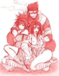  1boy 2girls arm_support bandages bodysuit breasts breasts_out chiba_toshirou cigarette feet fishnet_bodysuit fishnets folded_ponytail forehead_protector impossible_bodysuit impossible_clothes large_breasts long_hair looking_at_viewer medium_breasts mitarashi_anko monochrome multiple_girls naruto naruto_(series) nipples no_shoes on_floor one_eye_closed open_clothes ponytail sarutobi_asuma short_hair simple_background sitting sketch smile smoke smoking squatting white_background yuuhi_kurenai  rating:Questionable score:45 user:driveler