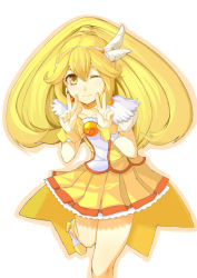  10s 1girl bad_id bad_pixiv_id blonde_hair bow cure_peace hair_flaps hair_ornament kise_yayoi magical_girl masa_(geminiblog) one_eye_closed ponytail precure skirt smile_precure! solo v white_background wide_ponytail wink yellow_bow yellow_eyes yellow_skirt yellow_theme 
