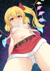  1girl akasaka_sato alternate_costume arms_at_sides belt black_belt blonde_hair blush bow breasts breasts_apart capelet christmas closed_mouth commentary cowboy_shot crystal curvy fang flandre_scarlet foreshortening from_below fur-trimmed_skirt fur_trim hair_between_eyes hair_bow highres long_hair looking_at_viewer looking_down medium_breasts midriff miniskirt navel night no_bra no_headwear outdoors paid_reward_available panties red_bow red_capelet red_eyes red_skirt santa_capelet santa_costume side_ponytail skirt sky slit_pupils smile solo star_(sky) starry_sky stomach touhou tsurime underwear white_panties wings 
