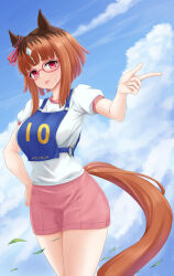  1girl :p animal_ears blue_sky breasts brown_hair cloud cloudy_sky commentary_request day ear_ornament hand_on_own_hip highres horse_ears horse_girl horse_tail kemuri_(etep3372) medium_breasts multicolored_hair original_race_uniform_(umamusume) outdoors pink_shorts pointing puffy_short_sleeves puffy_sleeves race_bib red-framed_eyewear red_eyes shirt short_hair short_sleeves shorts sky smile solo streaked_hair tail tongue tongue_out transcend_(umamusume) umamusume white_hair white_shirt 