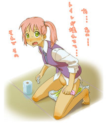  1girl artist_request blush diaper embarrassed indoors looking_at_viewer open_mouth peeing pink_hair short_hair simple_background solo sweat sweatdrop toilet_paper translated uncensored wavy_mouth white_background  rating:Explicit score:42 user:huzzaman