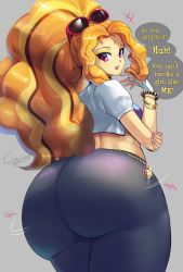 1girl adagio_dazzle amano_cigusa ass ass_focus blonde_hair casual english_text from_behind half-closed_eyes hasbro huge_ass leggings long_hair looking_back my_little_pony my_little_pony:_equestria_girls my_little_pony:_friendship_is_magic pants personification ponytail smug solo speech_bubble text_focus very_long_hair rating:Questionable score:161 user:Vardigiil