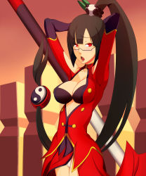  1girl arc_system_works arms_up black_bra black_hair blazblue blazblue:_calamity_trigger blush bra breasts china_dress chinese_clothes cleavage dress female_focus glasses gradient_background highres lao_jiu litchi_faye_ling long_hair open_mouth panda panties polearm red_eyes solo staff triangleoo underwear very_long_hair weapon 