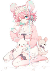  1girl animal_ear_fluff animal_ears aqua_eyes aqua_flower aqua_sleeves arin_(fanfan013) black_bow black_bowtie blanket blue_eyes bow bowtie braid breasts cleavage collar collarbone collared_shirt colored_inner_hair commentary eyelashes flower frilled_shirt_collar frilled_shorts frills full_body gradient_legwear highres large_breasts light_blush long_sleeves looking_at_viewer mask mask_on_head medium_hair mouse_(animal) mouse_ears mouse_on_shoulder multicolored_hair one_eye_closed open_mouth original pink_hair pink_mask pink_shirt pink_sleeves pink_thighhighs puffy_long_sleeves puffy_shorts puffy_sleeves see-through see-through_shirt shirt shorts side_braid simple_background sitting sleep_mask sleeve_bow solo streaked_hair symbol-only_commentary teeth thighhighs upper_teeth_only wariza white_background white_collar white_flower white_shorts white_thighhighs 
