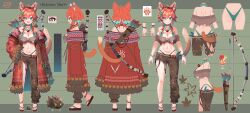  1girl :d absurdres animal animal_ears animal_on_shoulder arrow_(projectile) ass asymmetrical_clothes ayaoshiro back bandeau bare_shoulders bead_anklet bead_bracelet bead_necklace beads bikini bow_(weapon) bracelet breasts brown_bandeau brown_pants cat_tail character_sheet choker cleavage clothes_on/clothes_off coat diamond-shaped_pupils diamond_(shape) fang full_body green_bikini green_choker green_eyes hair_bobbles hair_ornament hand_on_own_hip highleg highleg_bikini highres incredibly_absurdres jewelry large_breasts leaf leaf_bikini leaf_on_head looking_at_viewer mozumi_pichi multiple_views navel necklace off_shoulder open_mouth orange_hair pants pink_nails plant quiver red_coat red_pupils sandals short_hair shoulder_tattoo single_pantsleg slippers smile standing stomach swimsuit symbol-shaped_pupils tail tattoo torn_clothes torn_pants tribal turnaround underboob v-dere virtual_youtuber weapon wolf_cut wolf_ears zouri 