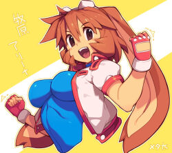  1girl :d animal_ears blue_bodysuit bodysuit breasts brown_eyes brown_hair clenched_hands commentary_request fingerless_gloves gloves hair_between_eyes jacket long_hair looking_at_viewer makihara_arina medium_breasts metata open_clothes open_jacket open_mouth red_gloves short_sleeves smile solo teeth translation_request two-tone_background upper_body upper_teeth_only waku_waku_7 white_background white_jacket yellow_background 