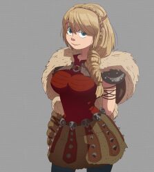  1girl absurdres arm_behind_back astrid_hofferson blue_eyes braid breasts cape cowboy_shot freckles fur-trimmed_cape fur_trim highres how_to_train_your_dragon inker_comics large_breasts long_hair looking_at_viewer smile solo 