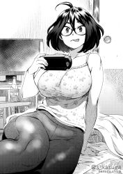  1girl ahoge artist_request bare_shoulders blanket bottle breasts check_artist collarbone door fingernails game_console glasses greyscale hair_between_eyes handheld_game_console hatching_(texture) highres holding holding_handheld_game_console indoors kasuga_shun large_breasts monochrome original short_hair sitting solo table takuji_(dekosenn) television tongue tongue_out twitter_username 