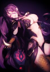  breasts bustier claws cleavage cosplay fate/grand_order fate_(series) forehead genyaky giant giantess gorgon_(fate) gorgon_(fate)_(cosplay) gorgon_(third_ascension)_(fate) headless highres large_breasts long_hair lord_camelot_(fate) medusa_(fate) medusa_(lancer)_(fate) medusa_(lancer)_(fate)_(cosplay) medusa_(rider)_(fate) monster_girl multiple_persona purple_hair rider scales snake snake_hair snake_tail square_pupils tail very_long_hair 
