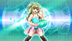 1girl aged_down bare_shoulders beatmania beatmania_iidx black_thighhighs child flat_chest goli_matsumoto green_eyes green_hair hair_between_eyes hair_ornament headphones holding_record kitami_erika long_hair non-web_source official_art open_mouth side_ponytail smile solo teeth thighhighs thighs tongue tongue_out upper_teeth_only