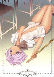  1girl absurdres blush breasts covered_erect_nipples flute highres image_sample instrument lying naked_shirt navel no_panties on_back ooji open_clothes open_shirt original purple_eyes purple_hair shiny_skin shirt short_hair small_breasts solo tattoo treble_clef white_shirt  rating:Questionable score:33 user:danbooru
