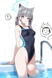  1girl animal_ear_fluff animal_ears artistic_error ateoyh blue_archive blue_eyes breasts cleft_of_venus clothing_aside competition_swimsuit covered_navel doodle_sensei_(blue_archive) extra_ears grey_hair hair_ornament halo highres official_alternate_costume one-piece_swimsuit pussy sensei_(blue_archive) shiroko_(blue_archive) shiroko_(swimsuit)_(blue_archive) small_breasts swimsuit swimsuit_aside thighs uncensored wardrobe_malfunction wet wolf_ears 