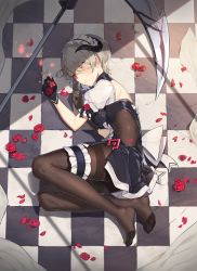  1girl aliceblue back_bow black_dress black_gloves blush bodystocking bow breasts bridal_garter checkered_floor closed_mouth clothing_cutout commentary_request crack cracked_floor day dress eyes_visible_through_hair feet flower frilled_skirt frills full_body gloves grey_hair highres honkai_(series) honkai_impact_3rd horns impossible_clothes maid maid_headdress medium_breasts no_shoes on_floor pantyhose petals pink_eyes puffy_short_sleeves puffy_sleeves red_flower red_rose revision rita_rossweisse rita_rossweisse_(umbral_rose) rose rose_petals scythe short_hair short_sleeves side_cutout side_slit signature skirt smile solo sunlight victorian_maid white_bow  rating:Sensitive score:10 user:danbooru
