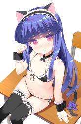  1girl animal_ears bare_shoulders bikini black_bikini black_thighhighs blue_hair blush breasts cat_ears chair commentary_request desk eyes_visible_through_hair frilled_hairband frills from_above furude_rika gaou_(babel) hairband hand_up higurashi_no_naku_koro_ni loli long_hair looking_at_viewer navel on_desk paw_pose red_eyes school_chair school_desk side-tie_bikini_bottom simple_background sitting small_breasts solo swimsuit thighhighs very_long_hair white_background wrist_cuffs  rating:Questionable score:54 user:danbooru