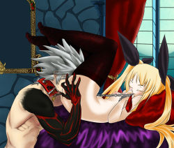 1boy 1girl animal_collar blazblue blonde_hair blush breasts chain chained closed_eyes clothed_female_nude_male collar completely_nude cunnilingus curtains femdom full_body hetero holding holding_chain indoors long_hair long_twintails lying muscular muscular_male nipples nude on_back on_bed oral pillow rachel_alucard ragna_the_bloodedge ribbon short_hair small_breasts smaller_dominant spiked_hair squatting thighs twintails very_long_hair white_hair window  rating:Explicit score:33 user:bossbowser