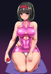 1girl bare_shoulders black_eyes black_hair bodycon breasts choker cleavage cleavage_cutout clothing_cutout covered_navel creatures_(company) dress erika_(pokemon) game_freak gradient_background gym_leader hairband highleg highleg_panties hip_vent ishimiso_(ishimura) large_breasts latex latex_dress looking_at_viewer microdress minidress nintendo panties pink_dress poke_ball poke_ball_(basic) pokemon pokemon_rgby seiza short_hair simple_background sitting solo underwear whale_tail_(clothing) white_panties rating:Questionable score:69 user:danbooru