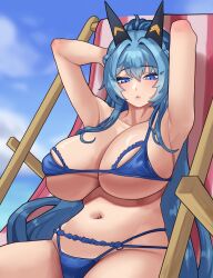  1girl arapanchi arms_behind_head beach_chair bikini bikini_under_clothes blue_bikini blue_eyes blue_hair braid breasts closed_mouth day frown gloves goddess_of_victory:_nikke hair_intakes headgear helm_(aqua_marine)_(nikke) helm_(nikke) huge_breasts light_blush long_hair looking_at_viewer official_alternate_costume outdoors ponytail sitting solo swimsuit white_gloves 