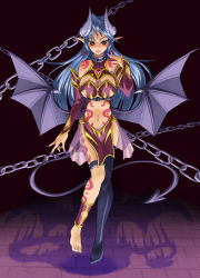  1girl barefoot bat_wings blue_hair breasts chain cleavage demon demon_girl demon_tail floating horns kenkou_cross large_breasts low_wings midriff monster_girl monster_girl_encyclopedia official_art pointy_ears single_thighhigh solo succubus_(monster_girl_encyclopedia) tail tattoo thighhighs wings  rating:Questionable score:36 user:Nahald
