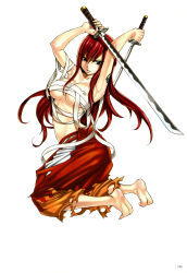 1girl absurdres artbook bandages bandages_around_chest barefoot breasts cleaned cleavage dual_wielding erza_scarlet fairy_tail feet hakama hakama_skirt highres holding huge_filesize japanese_clothes kneeling large_breasts long_hair mashima_hiro midriff non-web_source official_art red_hair red_hakama sarashi scan skirt soles solo sword tattoo torn_clothes underboob weapon rating:Sensitive score:88 user:danbooru