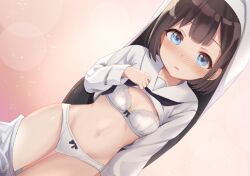 1girl amacha blue_eyes blush bow bow_bra bow_panties bra breasts brown_hair clothes_lift commentary_request dutch_angle female_focus lifting_own_clothes loli long_sleeves looking_at_viewer navel nose_blush nun open_mouth original panties short_hair small_breasts solo underwear white_bra white_panties