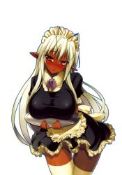  antenna_hair blush breast_rest breasts cleavage dark_elf dark_skin elf highres huge_breasts maid nitroplus pointy_ears simple_background tray white_background  rating:Questionable score:35 user:cgcmaster