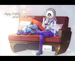  1boy black_footwear blonde_hair blue_necktie character_name collared_shirt commentary_request couch covered_face dated fruit_punch full_body happy_birthday jack-o&#039;-lantern long_hair long_sleeves makoto_kagutsuchi male_focus mask master_detective_archives:_rain_code necktie on_couch pants purple_pants shirt shoes sitting smile solo stuffed_toy white_shirt 
