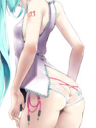 1girl aqua_hair arm_at_side arms_at_sides ass ass_cutout audio_jack back bare_arms bare_shoulders breasts butt_crack cable clothing_cutout commentary_request cowboy_shot from_behind hatsune_miku head_out_of_frame highres long_hair no_pants number_tattoo panties panties_day rsk_(tbhono) shoulder_tattoo skindentation sleeveless solo standing striped_clothes striped_panties tattoo twintails underwear vocaloid white_panties rating:Sensitive score:83 user:danbooru