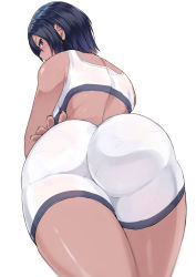  1girl ass ass_focus bare_shoulders bike_shorts black_hair blue_eyes breasts curvy dark-skinned_female dark_skin huge_ass large_breasts looking_at_viewer looking_back looking_down miyamoto_issa original panties pantylines short_hair simple_background solo sports_bra thick_thighs thighs tight_clothes underwear white_background  rating:Questionable score:294 user:danbooru