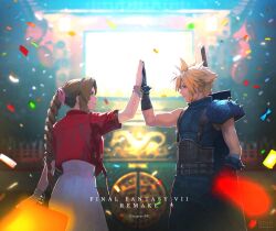  1boy 1girl aerith_gainsborough aqua_eyes armor artist_name bandaged_arm bandages bangle belt black_gloves blonde_hair blue_pants blue_shirt blurry blurry_background bracelet braid braided_ponytail brown_belt brown_hair buster_sword closed_mouth cloud_strife colosseum confetti couple cowboy_shot cropped_jacket dress earrings final_fantasy final_fantasy_vii final_fantasy_vii_remake gloves green_eyes hair_between_eyes hair_ribbon hetero high_five highres jacket jewelry long_dress long_hair looking_at_another multiple_belts noinoichebura pants parted_bangs parted_lips pink_dress pink_ribbon red_jacket ribbon shirt short_hair short_sleeves shoulder_armor sidelocks single_bare_shoulder single_braid single_earring single_shoulder_pad sleeveless sleeveless_shirt smile spiked_hair suspenders twitter_username weapon weapon_on_back 