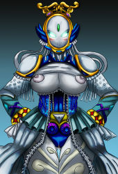  1girl android animification blush breasts breasts_out cleavage_cutout clothing_cutout corset glowing glowing_eyes highres humanoid_robot juuken_sentai_gekiranger large_breasts maniacpaint nipples no_mouth no_pupils power_rangers power_rangers_jungle_fury pussy pussy_juice rageku robot sentai shoulder_pads showgirl_skirt solo super_sentai thigh_gap umi_no_kenma_rageku uncensored 