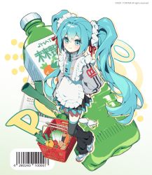  1girl alternate_costume apron barcode basket bell_pepper black_skirt blue_eyes blue_hair bottle carrot full_body grey_jacket hatsune_miku highres holding jacket long_hair looking_at_viewer pepper pleated_skirt poppippoo_(vocaloid) potato skirt smile solo spring_onion tomato twintails u_nyam vegetable_juice very_long_hair vocaloid zipper_pull_tab 