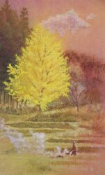  0zolvut2323nyus 1other absurdres cloud cloudy_sky fine_art_parody forest ginkgo_tree highres hill nature nihonga original outdoors painting_(medium) parody pink_sky scenery sky solo traditional_media tree watercolor_(medium) 