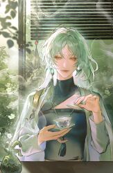  1girl absurdres aqua_hair black_shirt chinese_commentary clothing_cutout coat commentary cup du_ruo_(path_to_nowhere) earrings forehead_jewel green_eyes highres hikawa_(hikawa030) incense incense_burner jade_(gemstone) jewelry leaf lips long_hair looking_ahead looking_at_viewer mismatched_earrings open_clothes open_coat path_to_nowhere pinky_out shirt shoulder_cutout smoke smoke_trail solo straight-on tassel tassel_earrings teacup upper_body white_coat window_blinds 