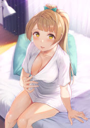 1girl :d aqua_bow areola_slip bed blurry blurry_background blush bow breasts brown_hair cleavage clothes_pull collarbone commentary_request day downblouse feet_out_of_frame fingernails from_above hair_bow highres indoors kitiroku lamp light_particles long_hair looking_at_viewer looking_up love_live! love_live!_school_idol_project medium_breasts minami_kotori no_bra no_pants on_bed open_mouth pillow ponytail pulling_own_clothes shirt shirt_pull short_sleeves sitting smile solo sunlight white_shirt yellow_eyes rating:Questionable score:45 user:danbooru