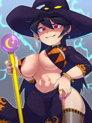  1girl abs alternate_costume areola_slip black_choker black_hair breasts choker covered_erect_nipples cowboy_shot earrings eyebrows eyelashes female_focus filia_(skullgirls) fingernails from_below grey_thighhighs grin hand_on_own_hip hand_up hat holding holding_staff jewelry large_breasts long_hair muscular muscular_female nail_polish naughty_face orange_shirt painting_fish parted_lips pelvic_curtain pink_nails purple_hat purple_shirt purple_skirt red_eyes shirt short_sleeves skirt skullgirls smile solo staff teeth thighhighs thighs two-tone_shirt underboob wide_hips witch witch_hat 