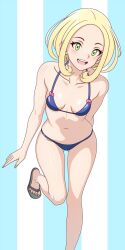  1girl :d alternate_costume asairosora bikini blonde_hair blush breasts collarbone commentary_request creatures_(company) eyelashes game_freak green_eyes highres leg_up looking_down navel nintendo open_mouth pokemon pokemon_xy sandals smile solo swimsuit teeth toes upper_teeth_only viola_(pokemon) 