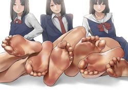 3girls arm_support barefoot black_hair brown_eyes feet feet_together foot_focus highres crossed_legs long_hair looking_at_viewer lying multiple_girls on_side parted_lips pov school_uniform sitting smile soles toes rating:Questionable score:26 user:ssfl