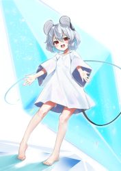 1girl :d animal_ears barefoot blush_stickers grey_hair happy highres kakedashi mouse_ears mouse_tail nazrin open_mouth red_eyes short_hair smile solo tail toes touhou rating:Sensitive score:4 user:danbooru