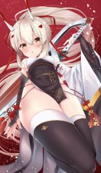  1girl absurdres ass ayanami_(azur_lane) ayanami_(lunar_demon)_(azur_lane) ayanami_(lunar_demon)_(azur_lane) azur_lane black_gloves black_thighhighs blush breasts bridal_gauntlets chinese_clothes cleavage commentary_request detached_sleeves from_below gloves hair_between_eyes hair_ornament hairclip head_tilt headgear highres holding holding_sword holding_weapon long_hair long_sleeves looking_at_viewer looking_down orange_eyes parted_lips ponytail red_background retrofit_(azur_lane) side_slit sideboob sidelocks silver_hair simple_background solo standing standing_on_one_leg sword thighhighs thighs touwa_iyo weapon wide_sleeves 